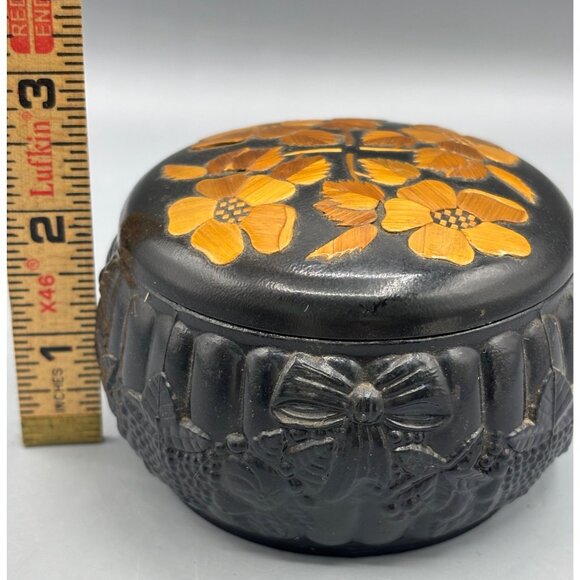 Vtg USSR Russian Black Plastic Trinket‎ Box Floral Textured Lid - Picture 7 of 7